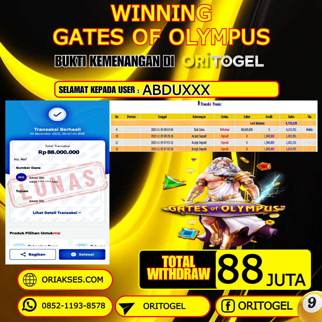   ORITOGEL JACKPOT SLOT GATES OF OLYMPUS RP.88.000.000,- LUNAS USER ID : ABDU***