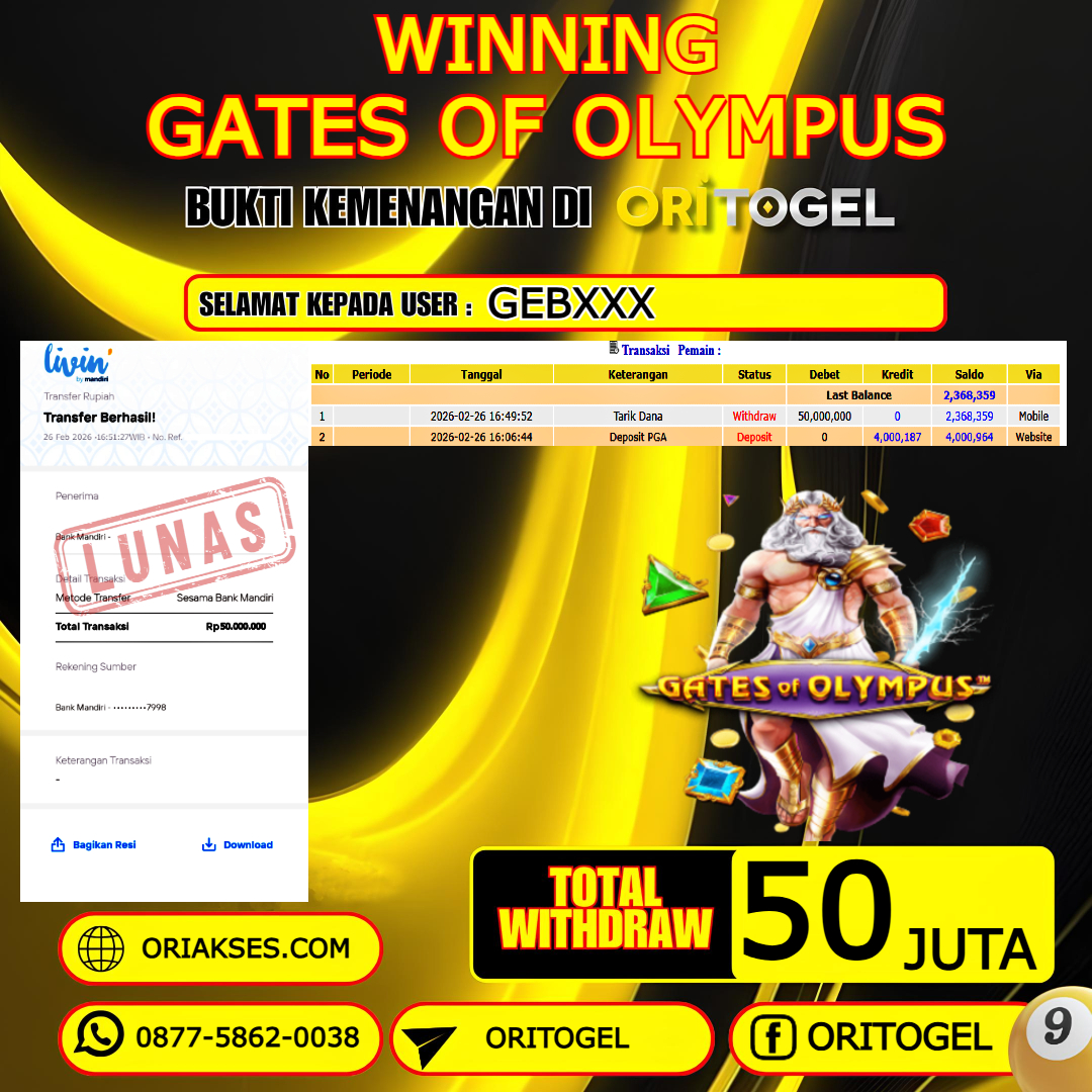    ORITOGEL JACKPOT SLOT GATES OF OLYMPUS RP.50.000.000,- LUNAS USER ID : GEB***