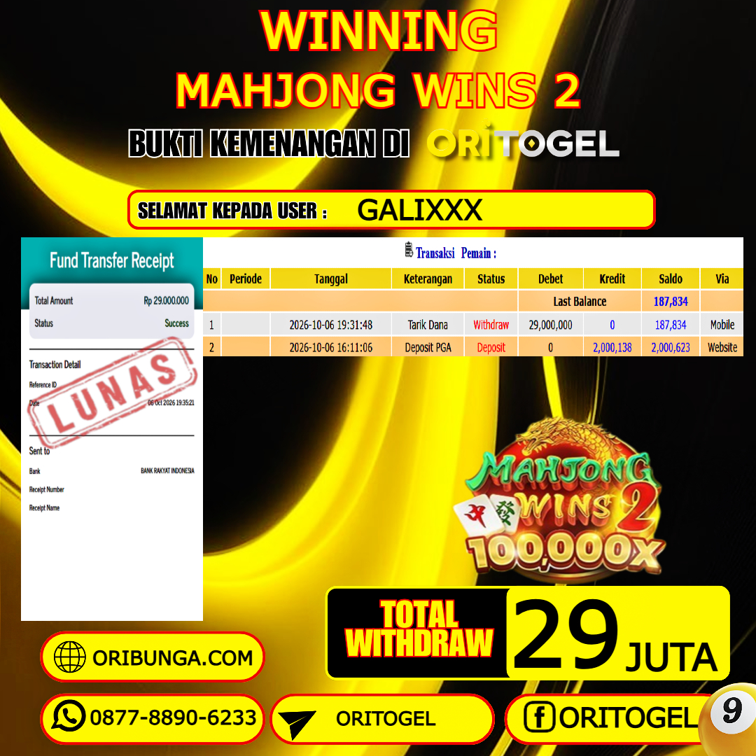ORITOGEL JACKPOT SLOT MAHJONG WINS 2 RP.29.000.000,- LUNAS USER ID : GALI***
