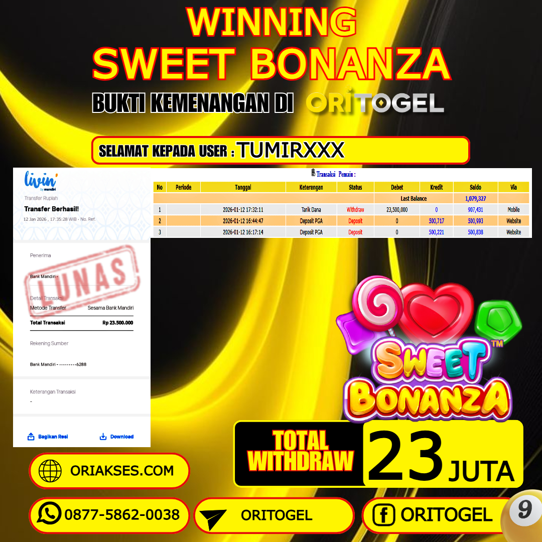    ORITOGEL JACKPOT SLOT SWEET BONANZA RP.23.000.000,- LUNAS USER ID : TUMIR***