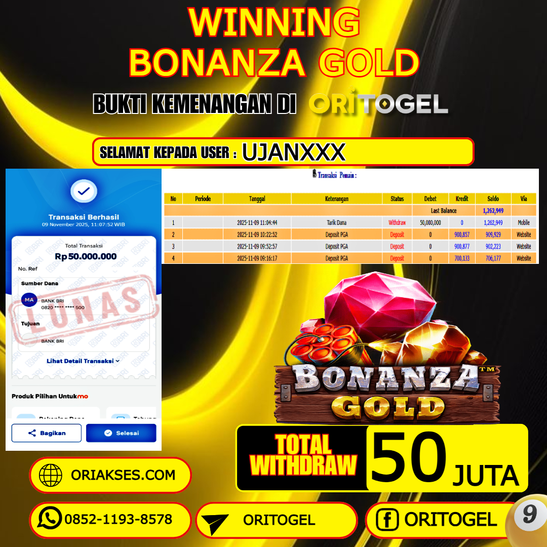 ORITOGEL JACKPOT SLOT BONANZA GOLD RP.50.000.000,- LUNAS USER ID : UJAN***