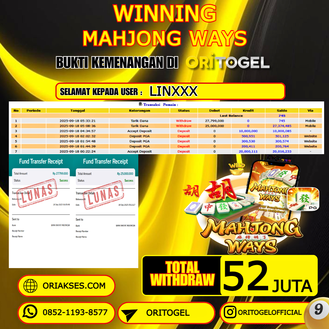 ORITOGEL JACKPOT SLOT MAHJONG WAYS  RP.52.000.000,- LUNAS USER ID : LIN***