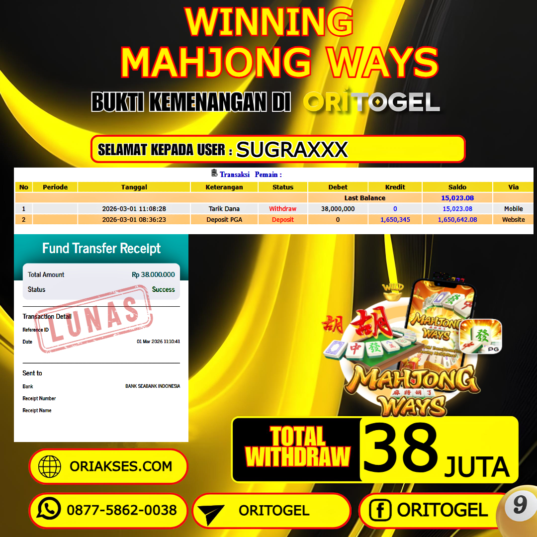    ORITOGEL JACKPOT SLOT MAHJONG WAYS RP.38.000.000,- LUNAS USER ID : SUGRA***