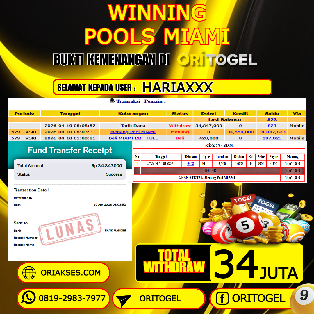 ORITOGEL JACKPOT TOGEL MIAMI RP.34.000.000,- LUNAS USER ID : HARIA***