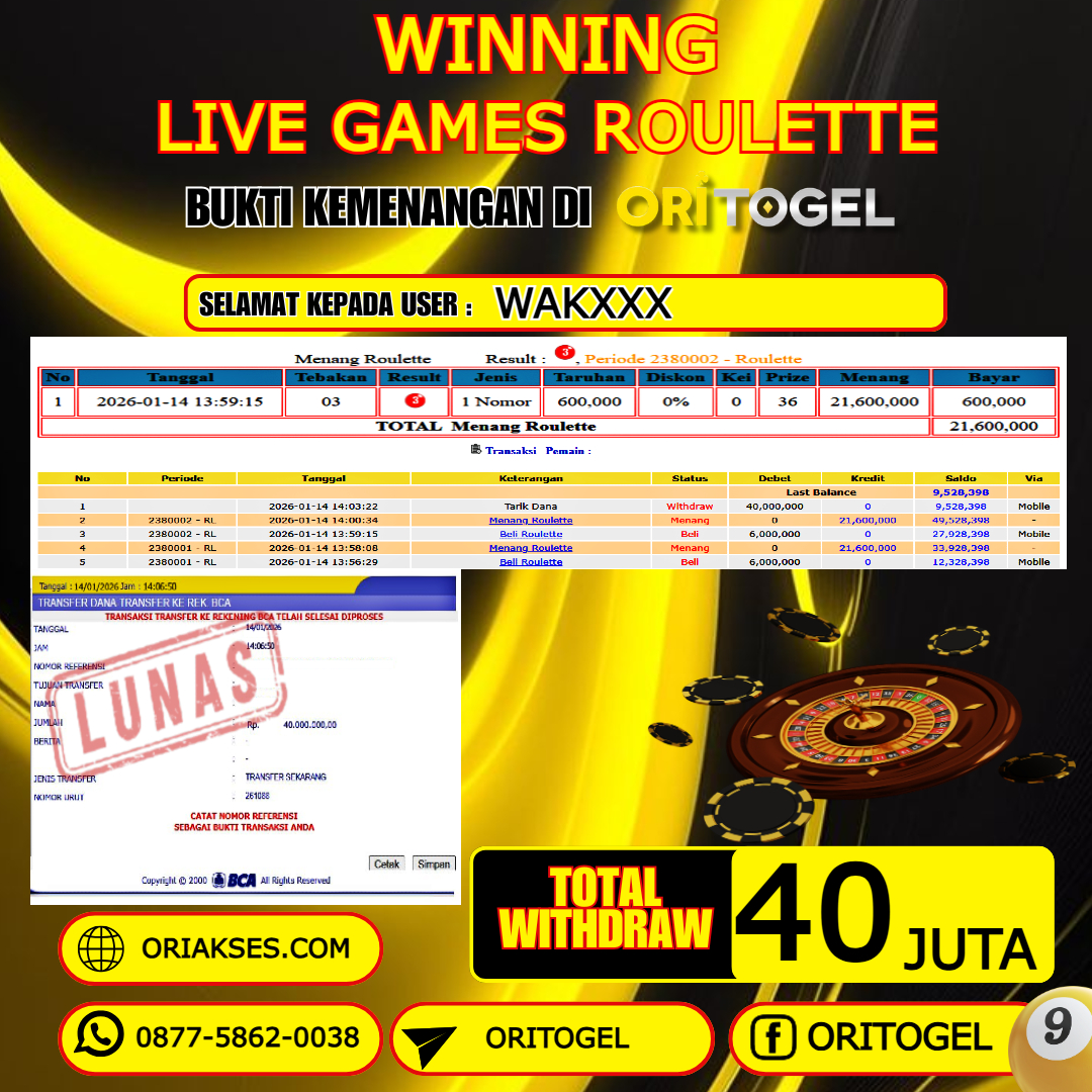    ORITOGEL JACKPOT LIVE GAMES ROULETTE RP.37.000.000,- LUNAS USER ID : WAK***