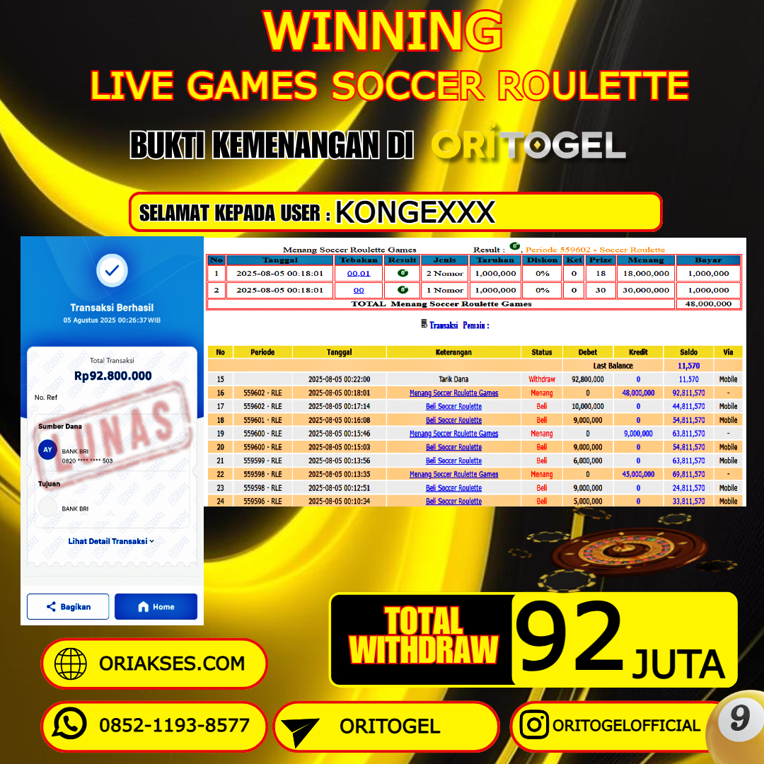ORITOGEL JACKPOT LIVE GAMES SOCCER ROULETTE RP.92.000.000,- LUNAS USER ID : KONGE***