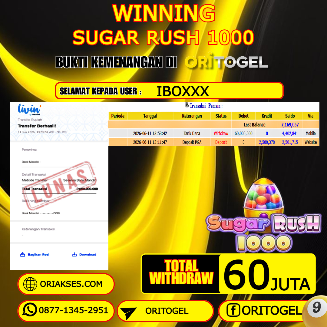 ORITOGEL JACKPOT SLOT SUGAR RUSH 1000 RP.60.000.000,- LUNAS USER ID : IBO***