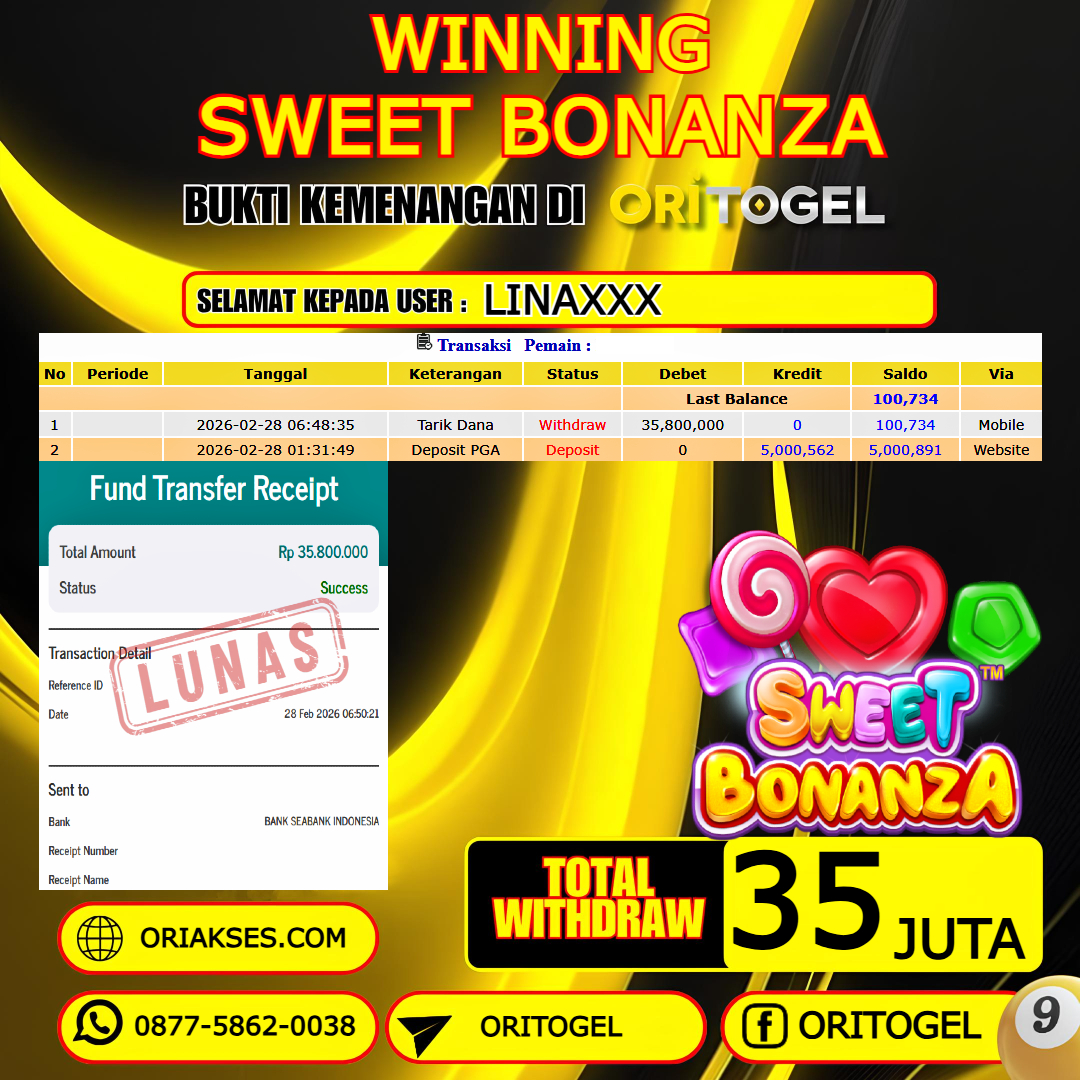    ORITOGEL JACKPOT SLOT SWEET BONANZA RP.35.000.000,- LUNAS USER ID : LINA***