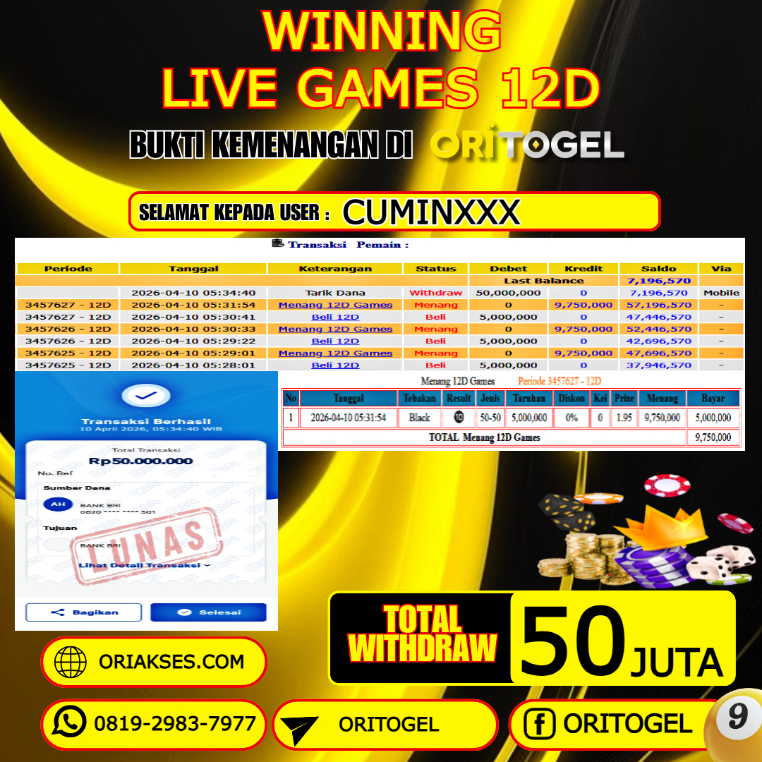 ORITOGEL JACKPOT LIVE GAMES 12D RP.50.000.000,- LUNAS USER ID : CUMIN***
