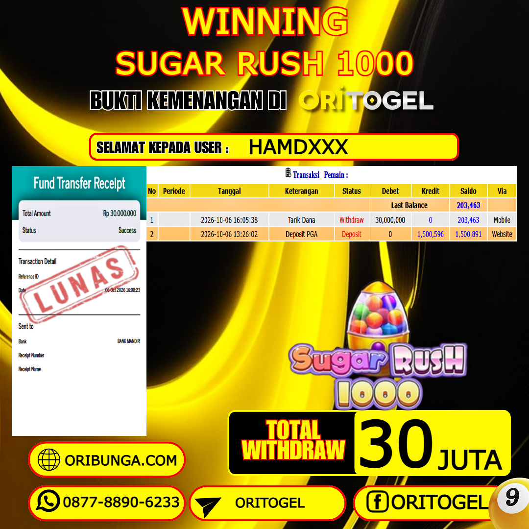 ORITOGEL JACKPOT SLOT SUGAR RUSH 1000 RP.30.000.000,- LUNAS USER ID : HAMD***