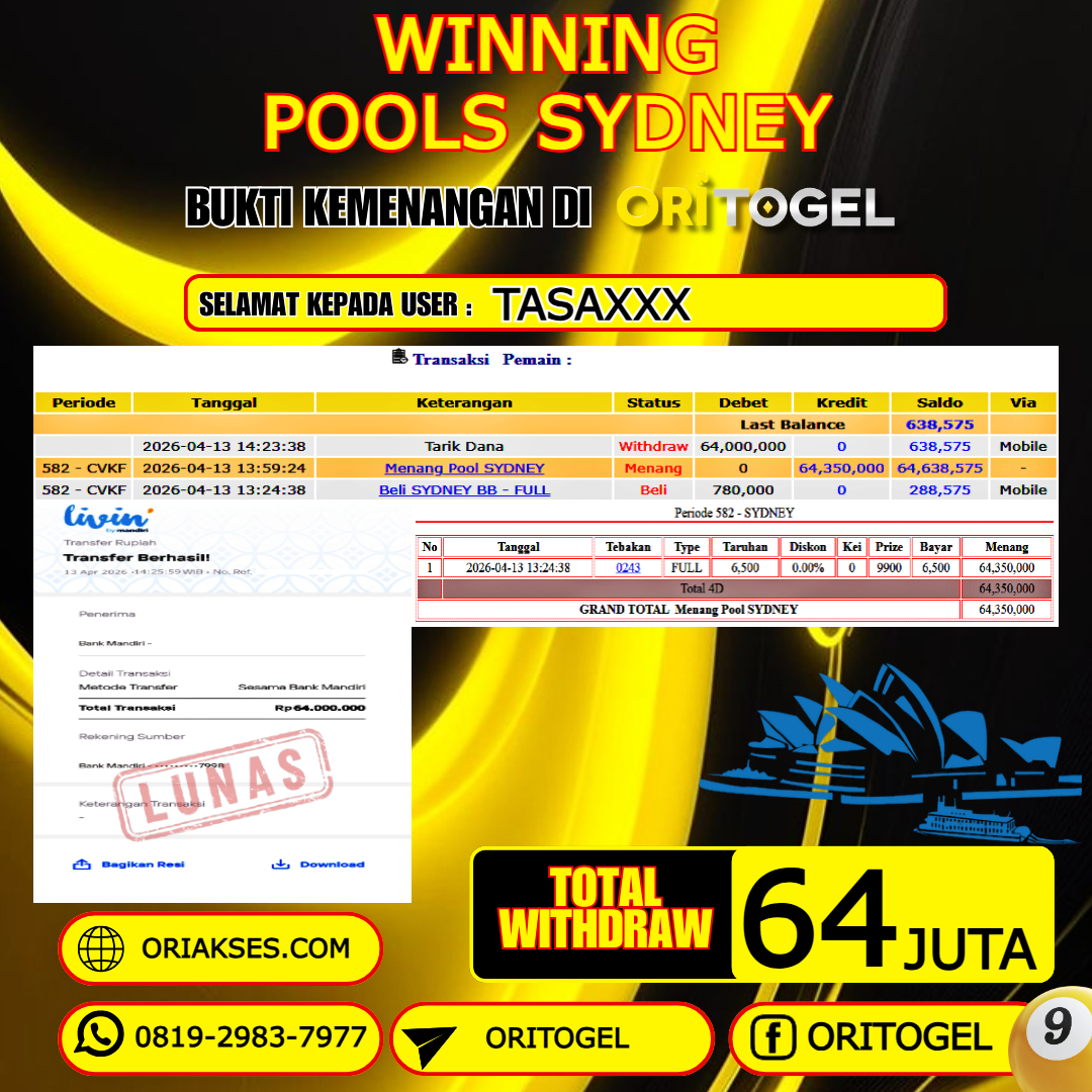 ORITOGEL JACKPOT TOGEL SYDNEY RP.64.000.000,- LUNAS USER ID : TASA***