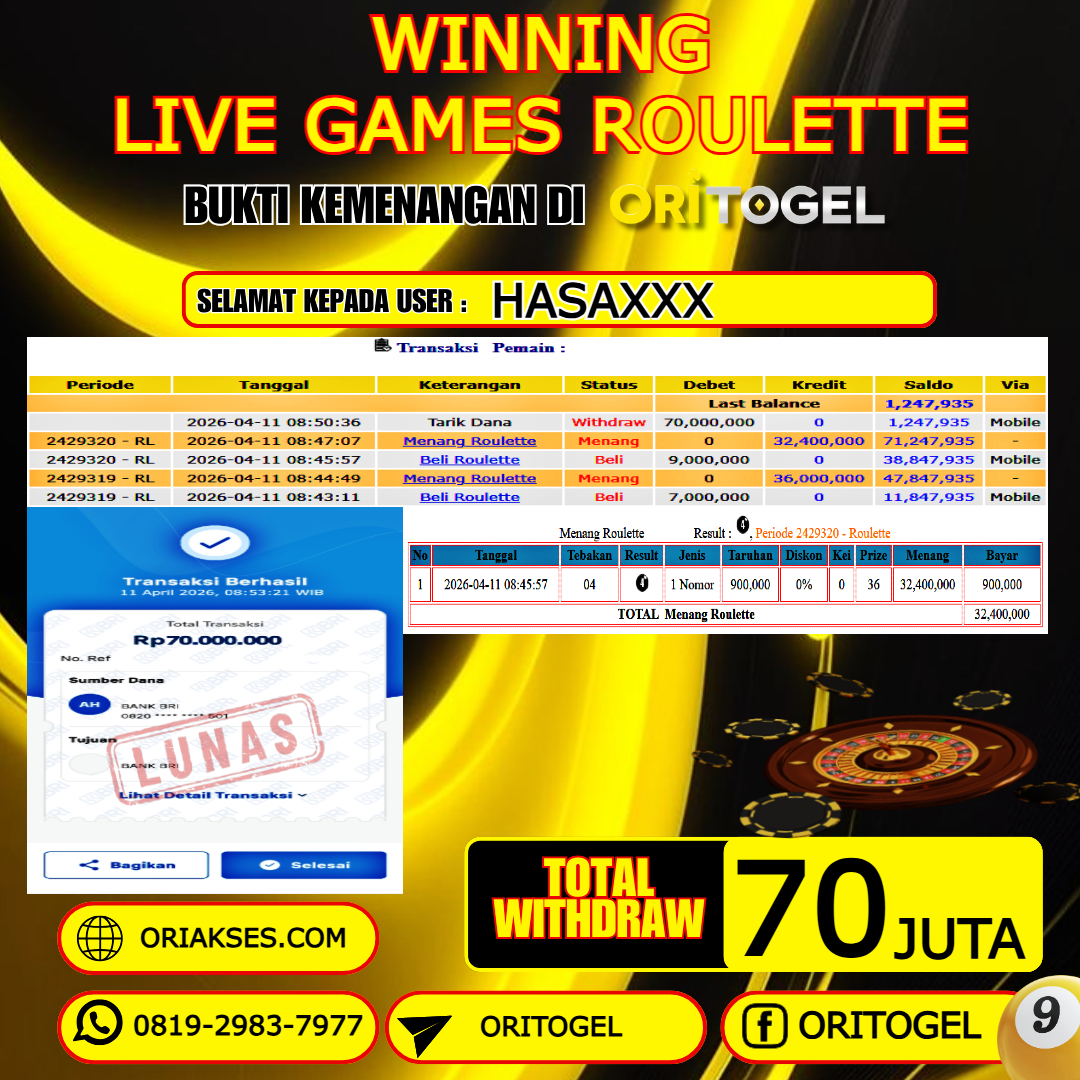 ORITOGEL JACKPOT LIVE GAMES ROULETTE RP.70.000.000,- LUNAS USER ID : HASA***