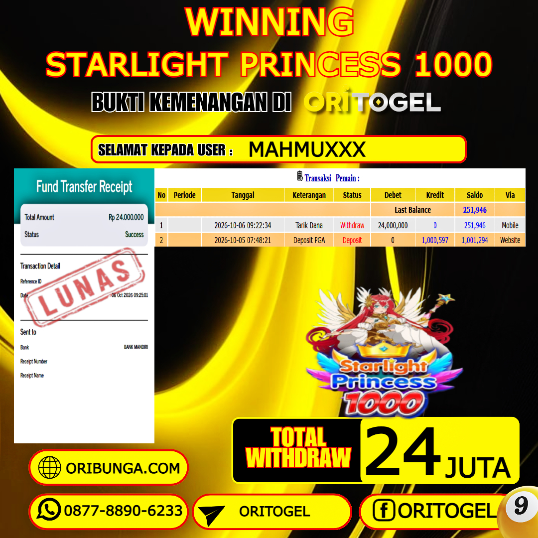 ORITOGEL JACKPOT SLOT STARLIGHT PRINCESS 1000 RP.24.000.000,- LUNAS USER ID : MAHMU***