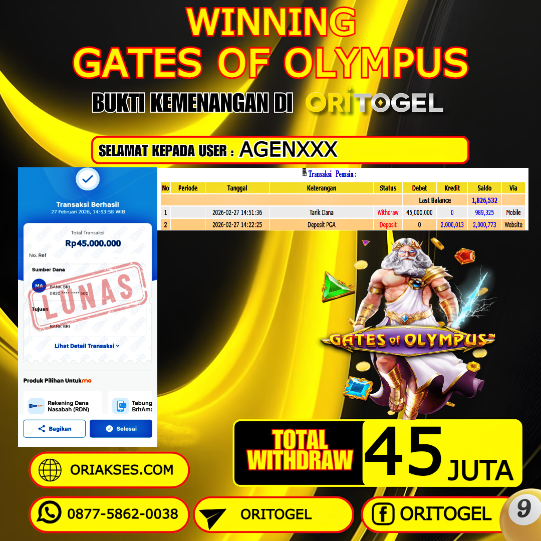    ORITOGEL JACKPOT SLOT GATES OF OLYMPUS RP.45.000.000,- LUNAS USER ID : AGEN***