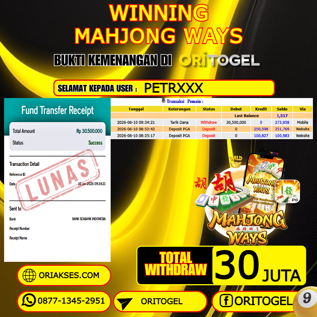 ORITOGEL JACKPOT SLOT MAHJONG WAYS RP.30.000.000,- LUNAS USER ID : PETR***