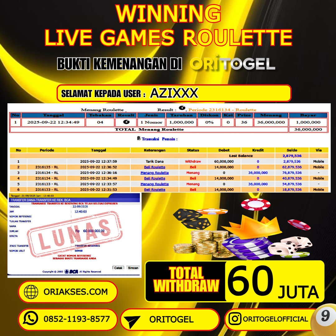 ORITOGEL JACKPOT LIVE GAMES ROULETTE RP.60.000.000,- LUNAS USER ID : AZI****