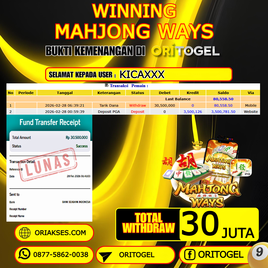    ORITOGEL JACKPOT SLOT MAHJONG WAYS RP.30.000.000,- LUNAS USER ID : KICA***