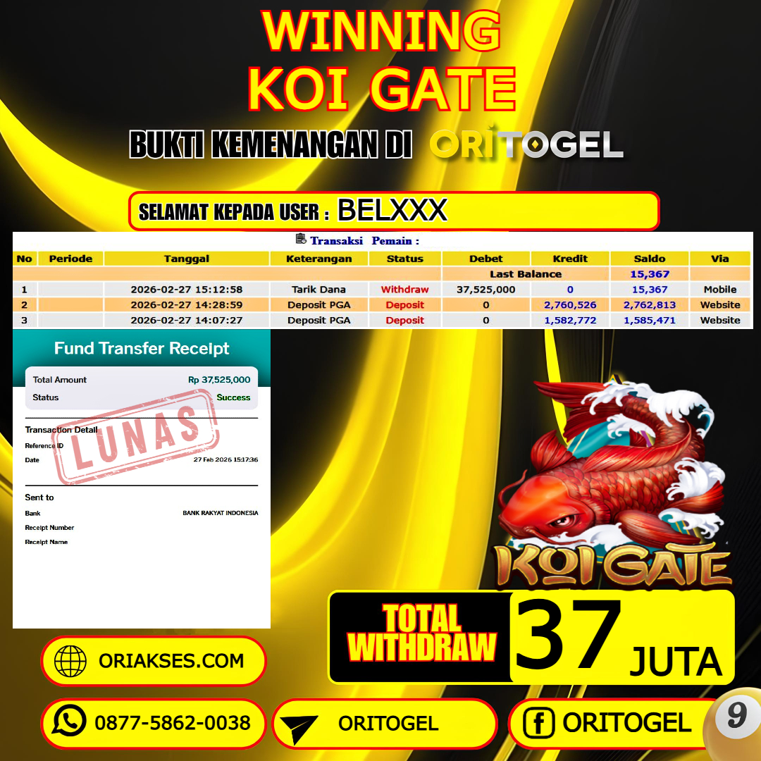    ORITOGEL JACKPOT SLOT KOI GATE RP.37.000.000,- LUNAS USER ID : BEL***