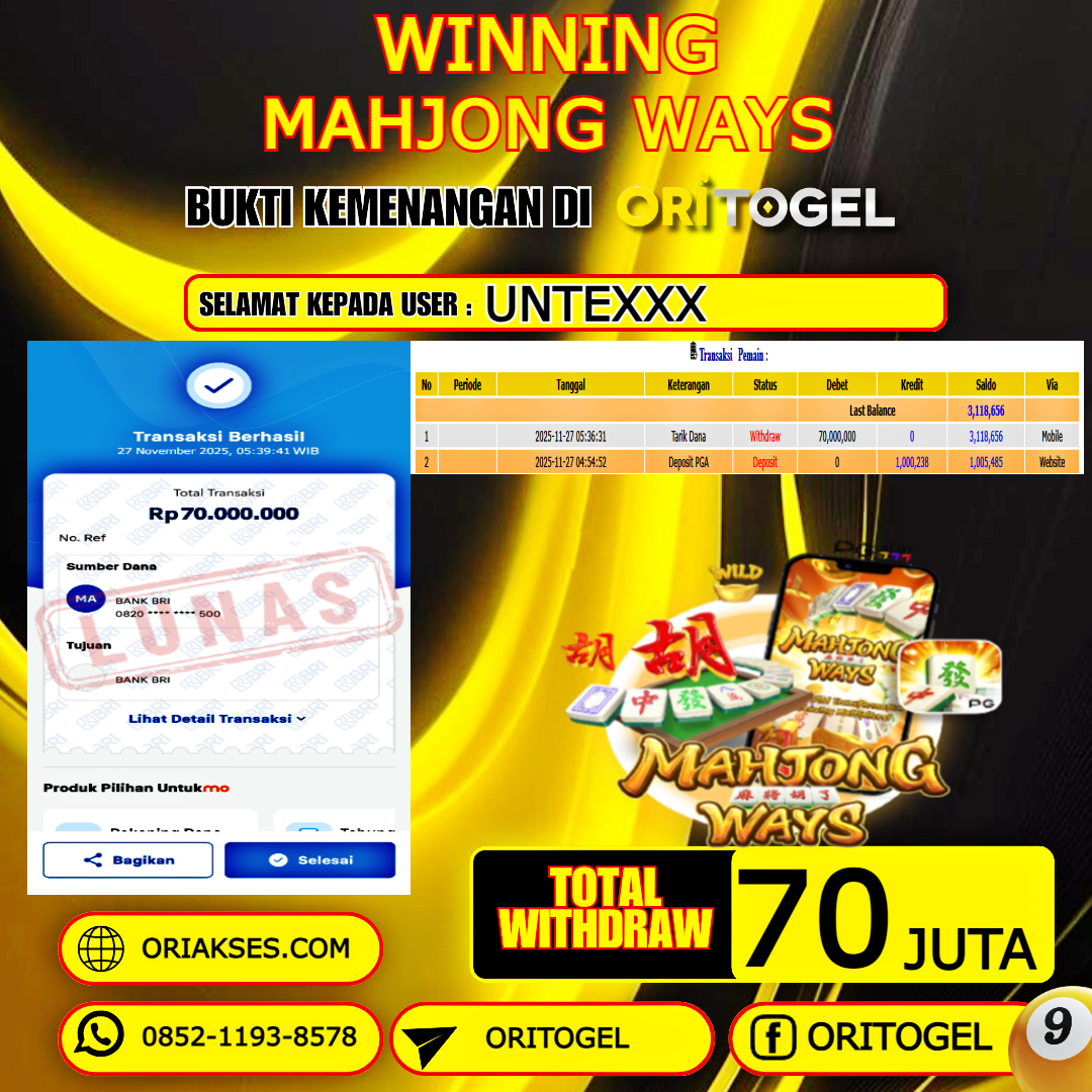 ORITOGEL JACKPOT SLOT MAHJONG WAYS RP.70.000.000,- LUNAS USER ID : UNTE***