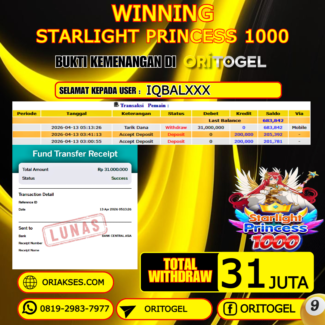 ORITOGEL JACKPOT SLOT STARLIGHT PRINCESS 1000 RP.31.000.000,- LUNAS USER ID : IQBAL***