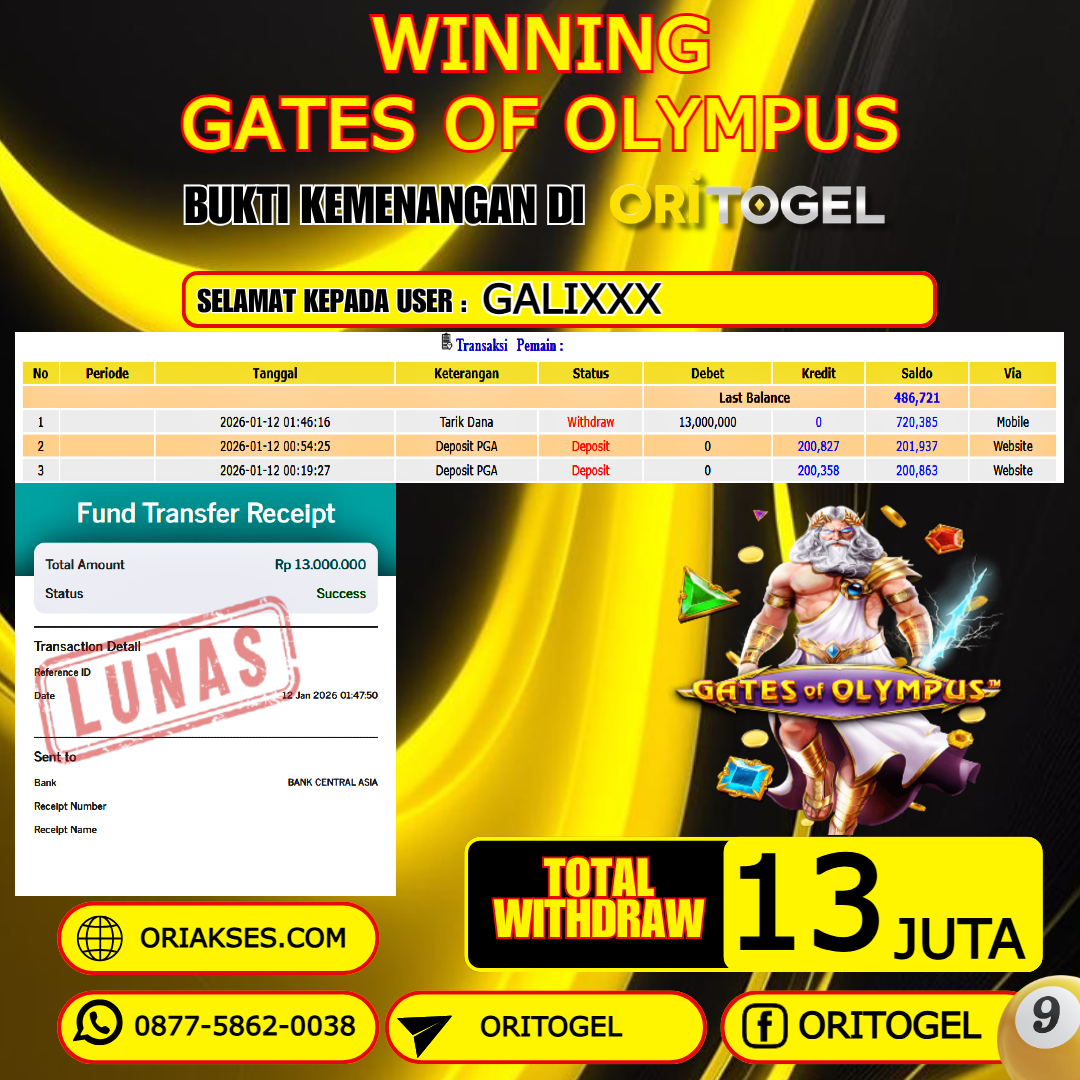    ORITOGEL JACKPOT SLOT GATES OF OLYMPUS RP.13.000.000,- LUNAS USER ID : GALI***