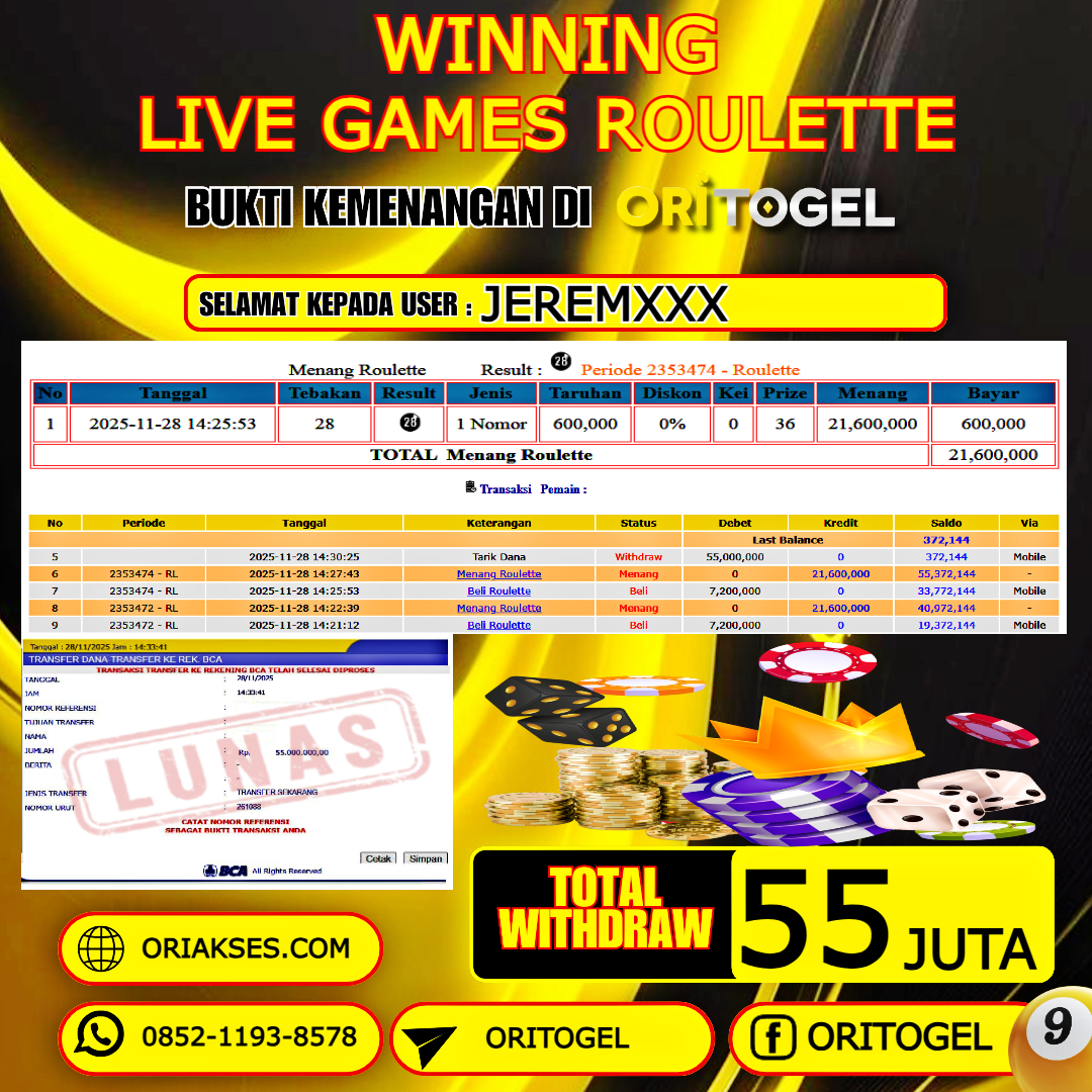 ORITOGEL JACKPOT LIVE GAMES ROULETTE RP.55.000.000,- LUNAS USER ID : JEREM***
