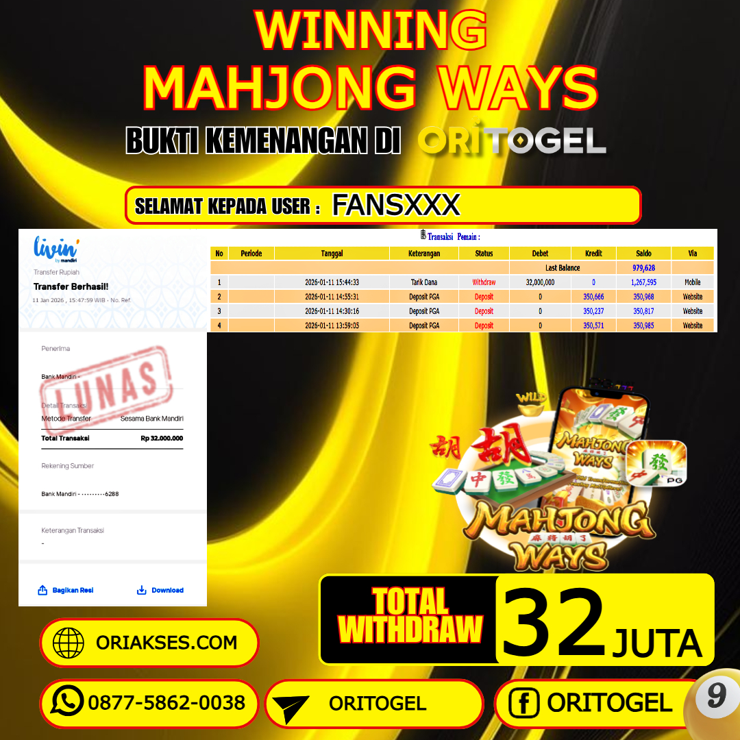    ORITOGEL JACKPOT SLOT MAHJONG WAYS RP.32.000.000,- LUNAS USER ID : FANS***