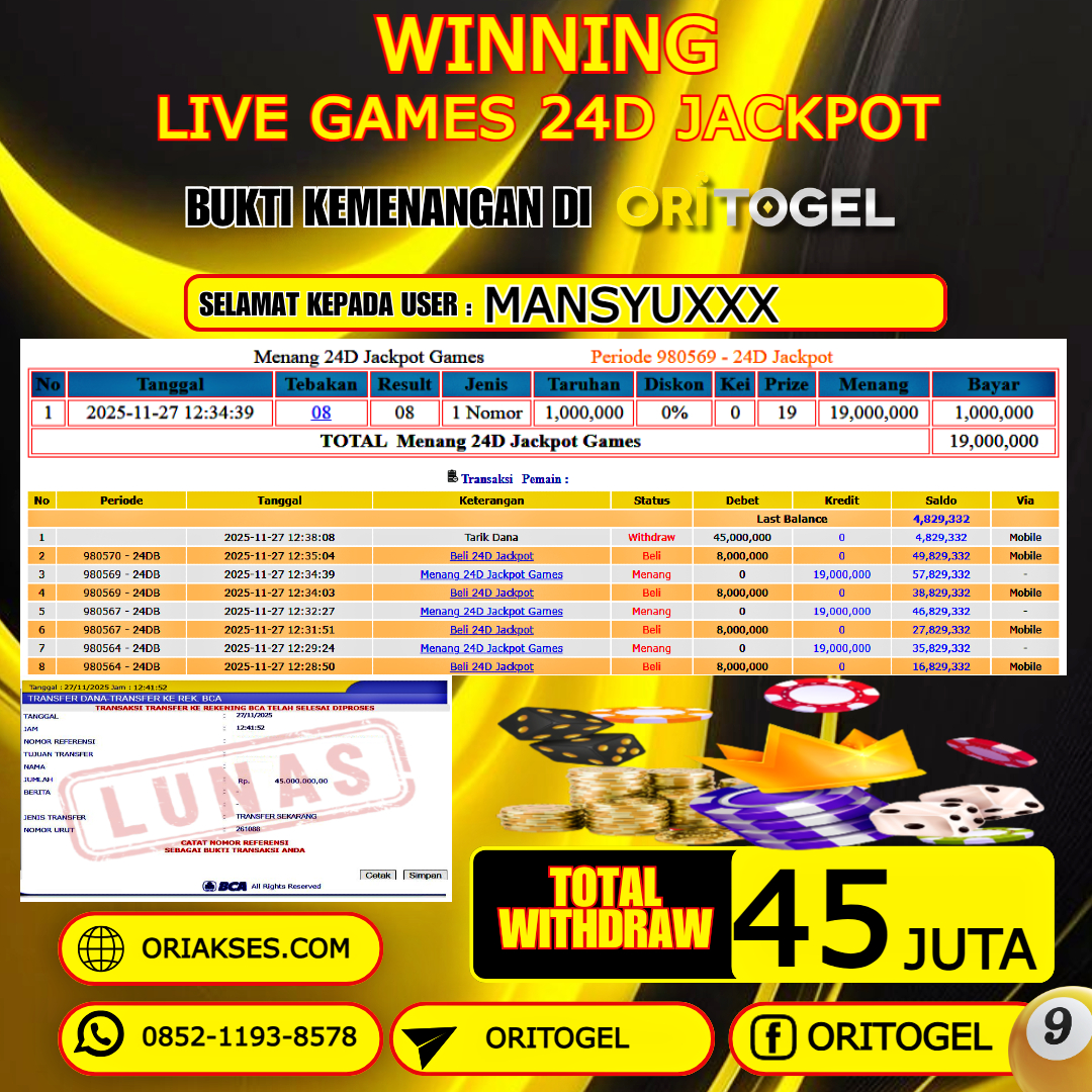 ORITOGEL JACKPOT LIVE GAMES 24D JACKPOT RP.45.000.000,- LUNAS USER ID : MANSYU***