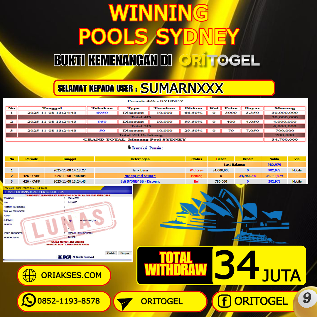 ORITOGEL JACKPOT TOGEL SYDNEY RP.34.000.000,- LUNAS USER ID : SUMARN***