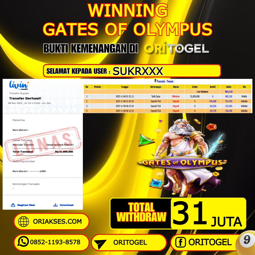 ORITOGEL JACKPOT SLOT GATES OF OLYMPUS RP.31.000.000,- LUNAS USER ID : SUKR***