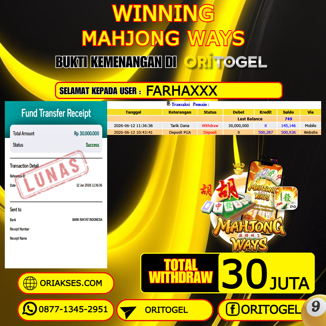 ORITOGEL JACKPOT SLOT MAHJONG WAYS RP.30.000.000,- LUNAS USER ID : FARHA***