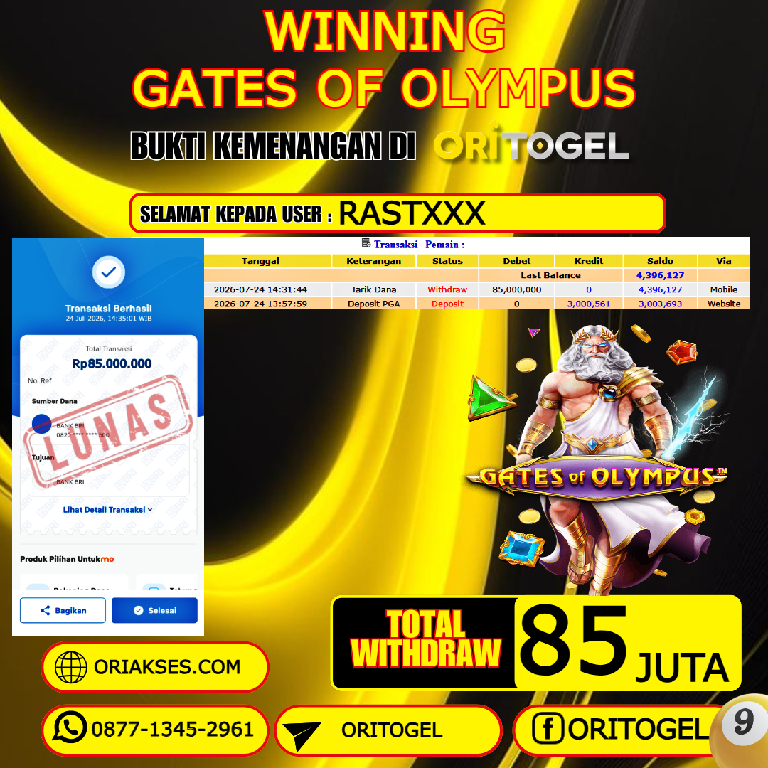  ORITOGEL JACKPOT SLOT GATES OF OLYMPUS RP.85.000.000,- LUNAS USER ID : RAST***