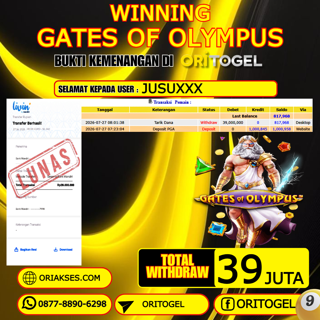  ORITOGEL JACKPOT SLOT GATES OF OLYMPUS RP.39.000.000,- LUNAS USER ID : JUSU***