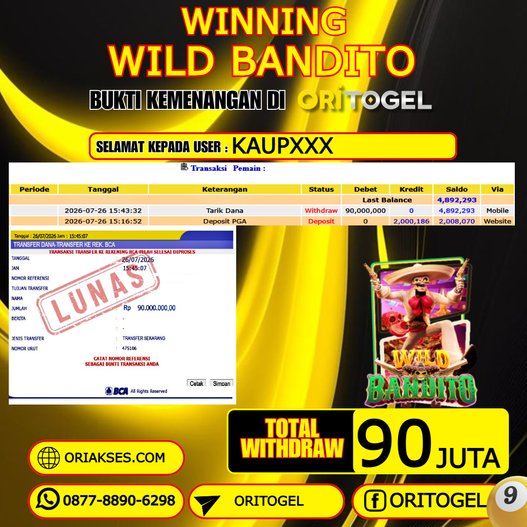  ORITOGEL JACKPOT SLOT WILD BANDITO RP.90.000.000,- LUNAS USER ID : KAUP***