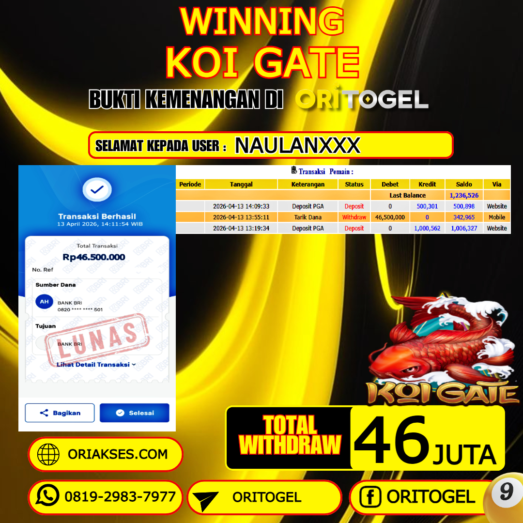 ORITOGEL JACKPOT SLOT KOI GATE RP.46.000.000,- LUNAS USER ID : NAULAN***