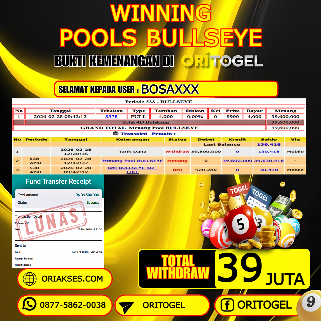    ORITOGEL JACKPOT TOGEL BULLSEYE RP.35.000.000,- LUNAS USER ID : BOSA***