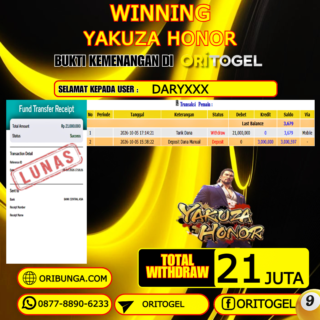 ORITOGEL JACKPOT SLOT YAKUZA HONOR RP.21.000.000,- LUNAS USER ID : DARY***