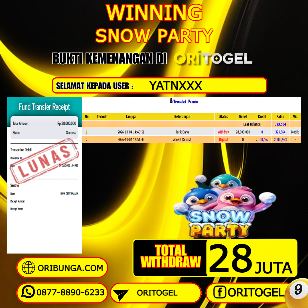 ORITOGEL JACKPOT SLOT SNOW PARTY RP.28.000.000,- LUNAS USER ID : YATN***