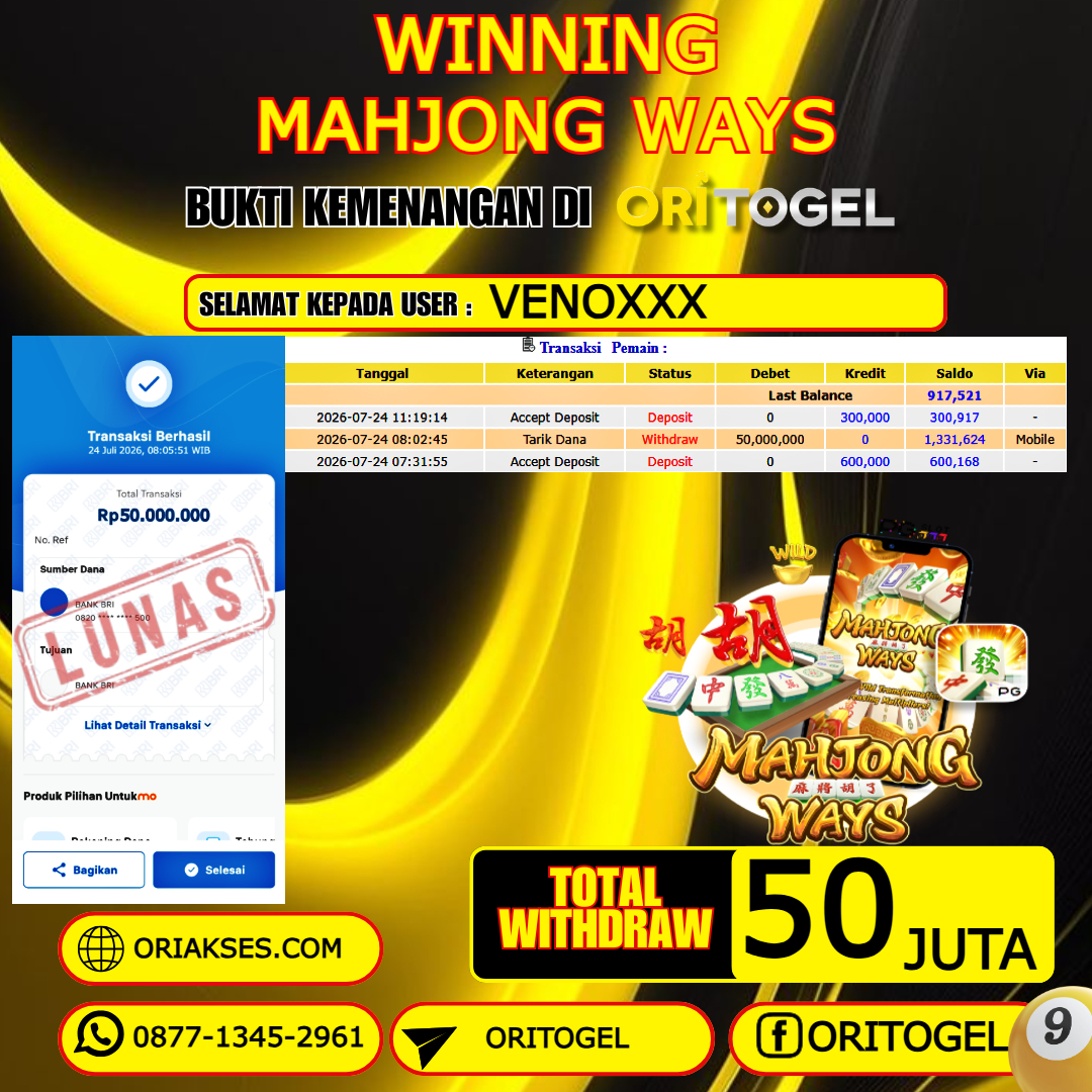  ORITOGEL JACKPOT SLOT MAHJONG WAYS RP.50.000.000,- LUNAS USER ID : VENO***