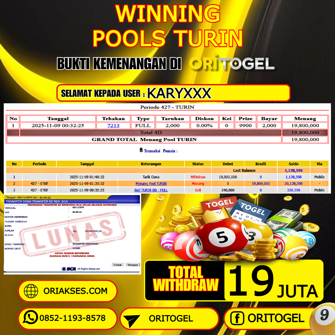 ORITOGEL JACKPOT TOGEL TURIN RP.19.000.000,- LUNAS USER ID : KARY***