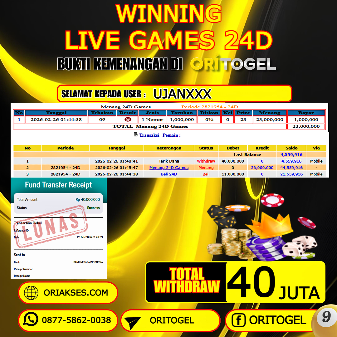    ORITOGEL JACKPOT LIVE GAMES 24D RP.40.000.000,- LUNAS USER ID :UJAN***