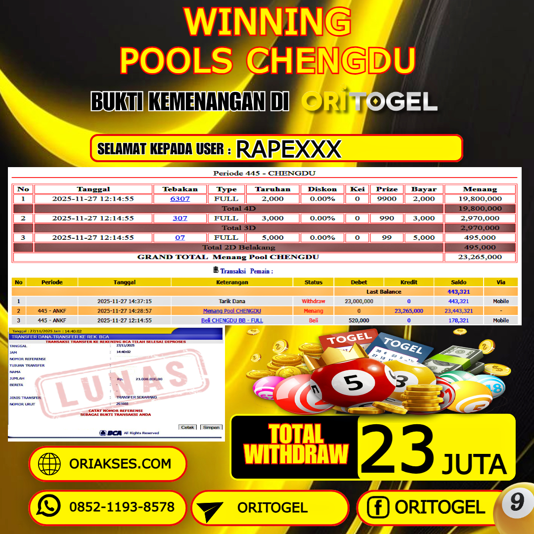 ORITOGEL JACKPOT TOGEL CHENGDU RP.23.000.000,- LUNAS USER ID : RAPE***