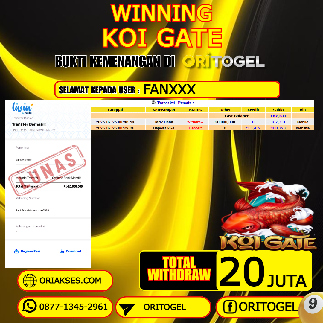  ORITOGEL JACKPOT SLOT KOI GATE RP.20.000.000,- LUNAS USER ID : FAN***