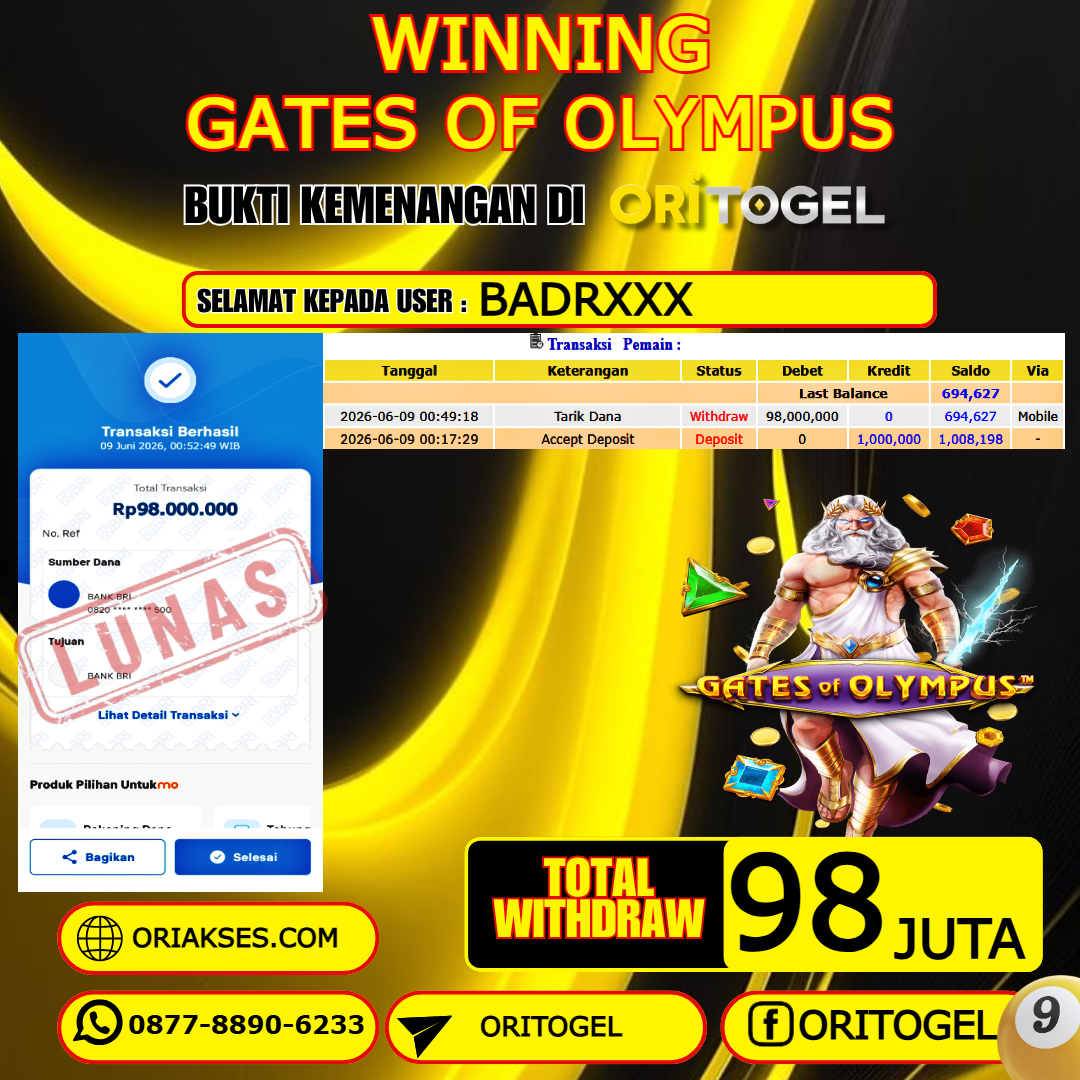 ORITOGEL JACKPOT SLOT GATES OF OLYMPUS RP.98.000.000,- LUNAS USER ID : BADR***