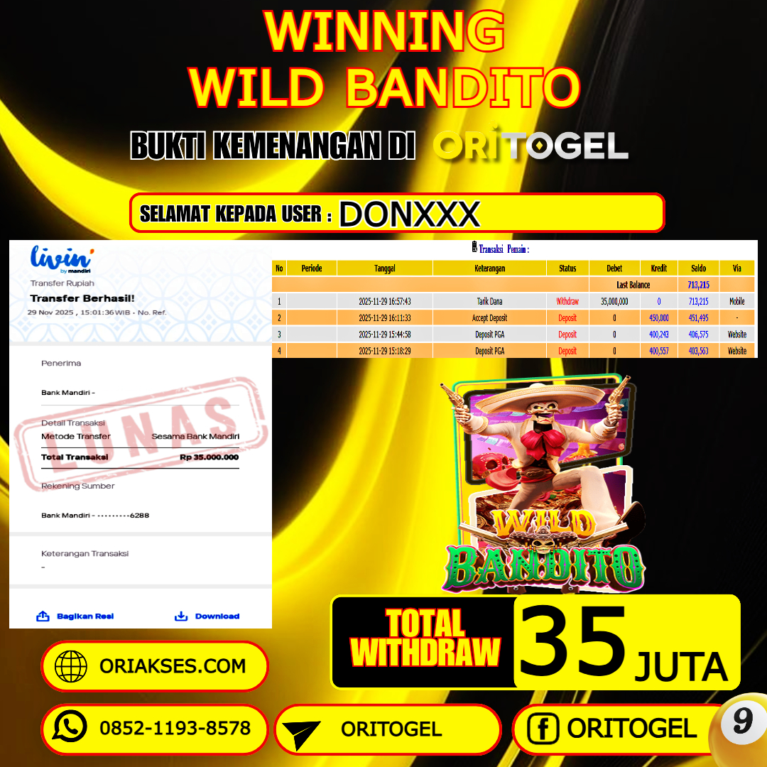  ORITOGEL JACKPOT SLOT WILD BANDITO RP.35.000.000,- LUNAS USER ID : DON***