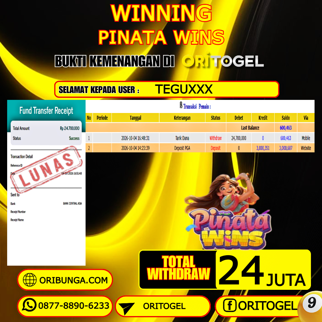 ORITOGEL JACKPOT SLOT PINATA WINS RP.24.000.000,- LUNAS USER ID : TEGU***
