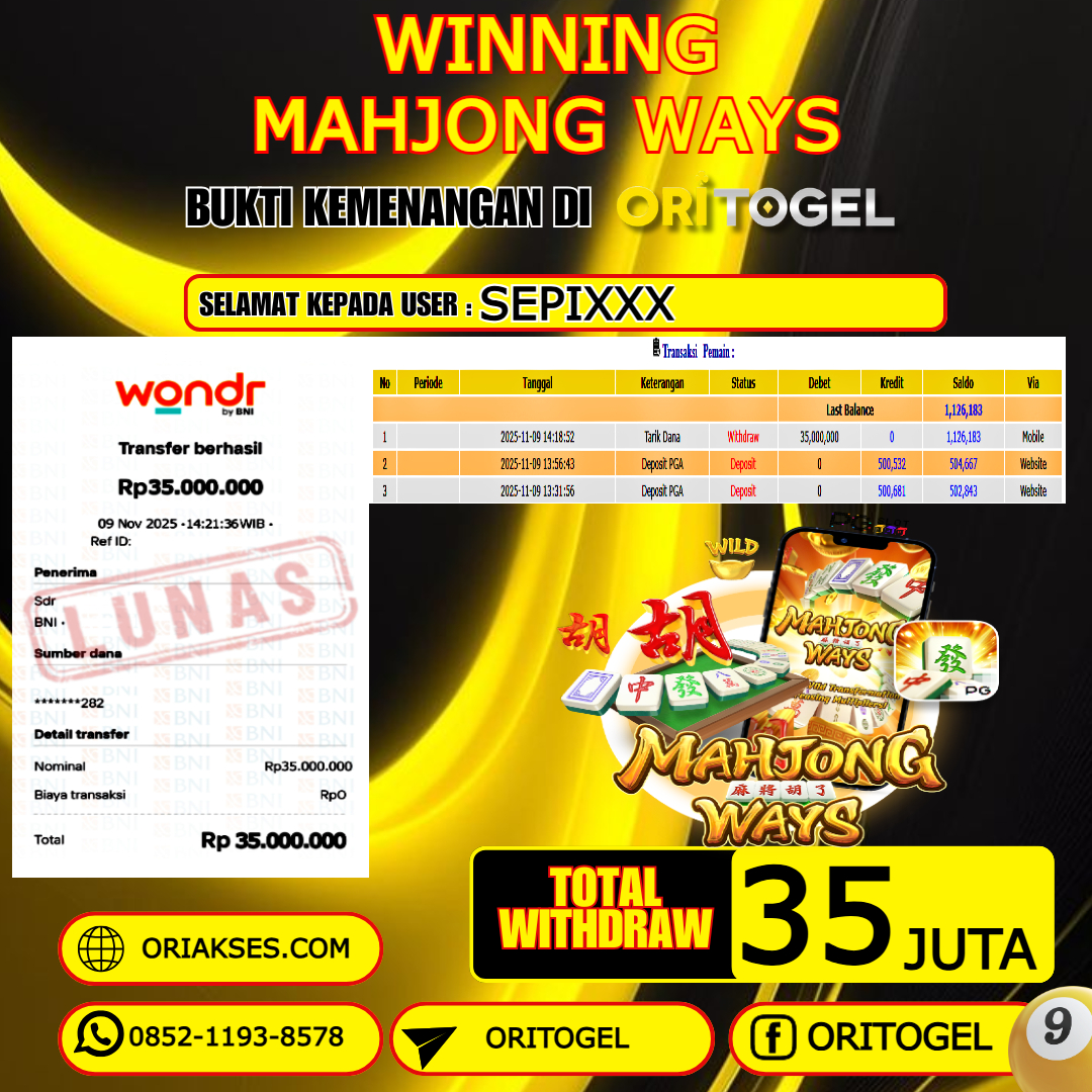 ORITOGEL JACKPOT SLOT MAHJONG WAYS RP.35.000.000,- LUNAS USER ID : SEPI***