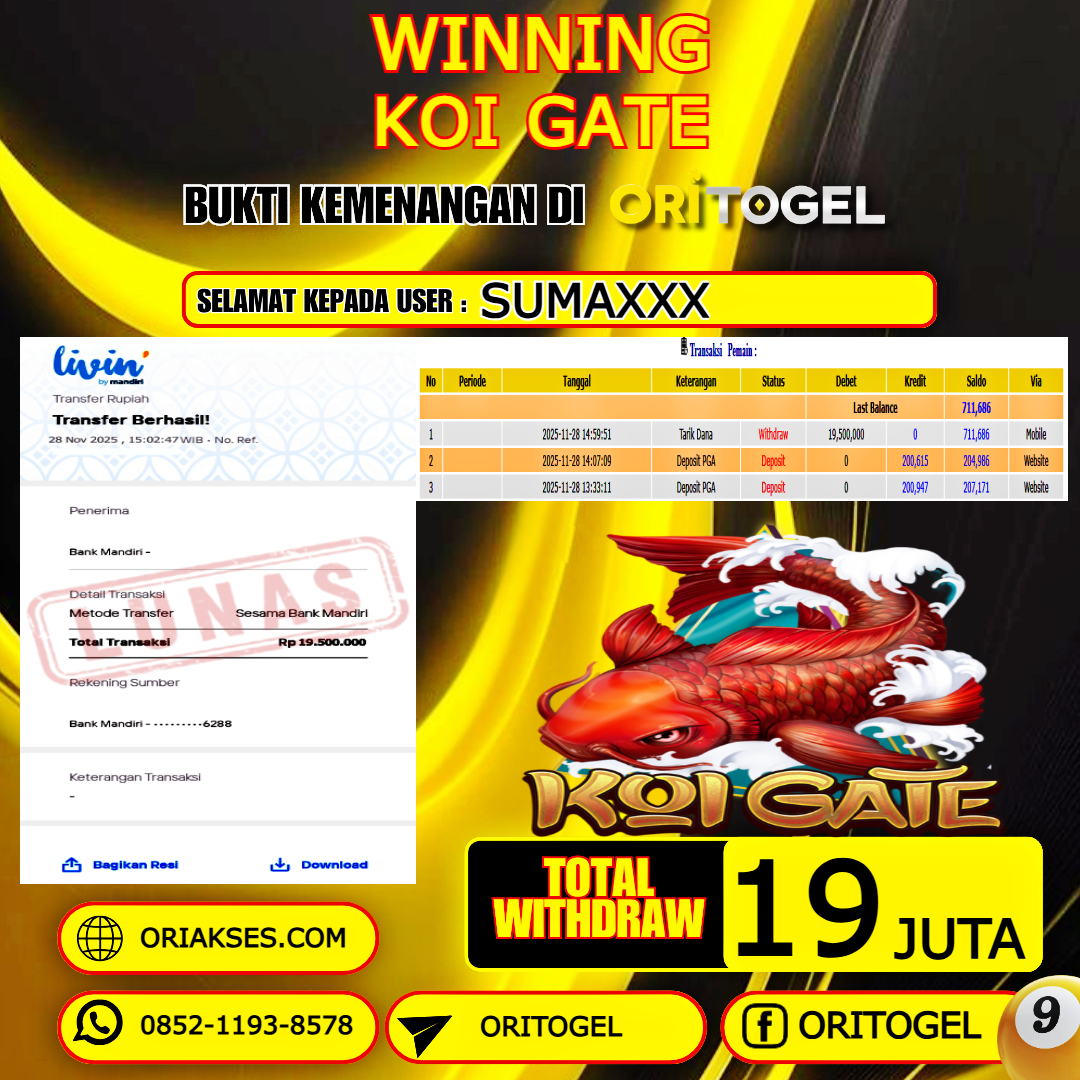ORITOGEL JACKPOT SLOT KOI GATE RP.19.000.000,- LUNAS USER ID : SUMA***
