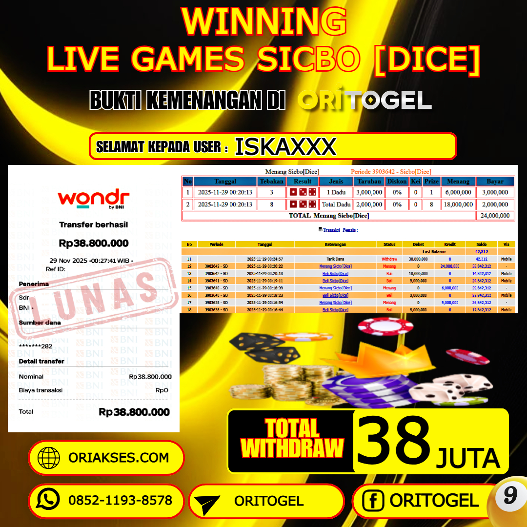   ORITOGEL JACKPOT LIVE GAMES SICBO DICE RP.38.000.000,- LUNAS USER ID : ISKA***