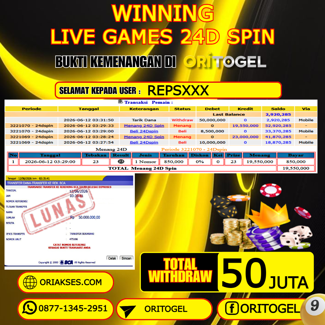 ORITOGEL JACKPOT LIVE GAMES 24D SPIN RP.50.000.000,- LUNAS USER ID : REPS***